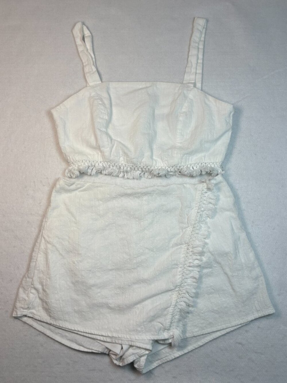 Blue Blush White Boho Fringe Crop Top & Skort Set Two Piece Romper Coastal Sz S